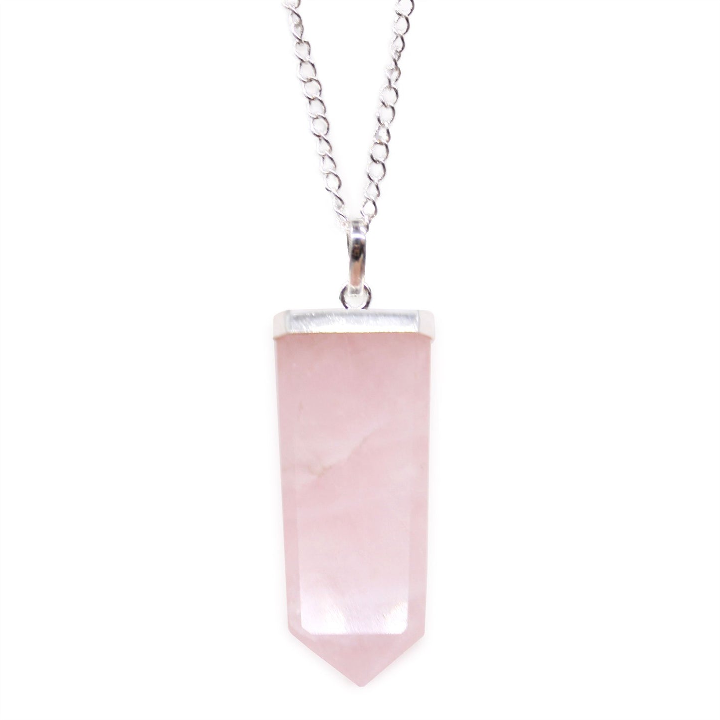 A smooth, flat pencil-shaped rose quartz gemstone pendant with a silver-toned bale on a white background.