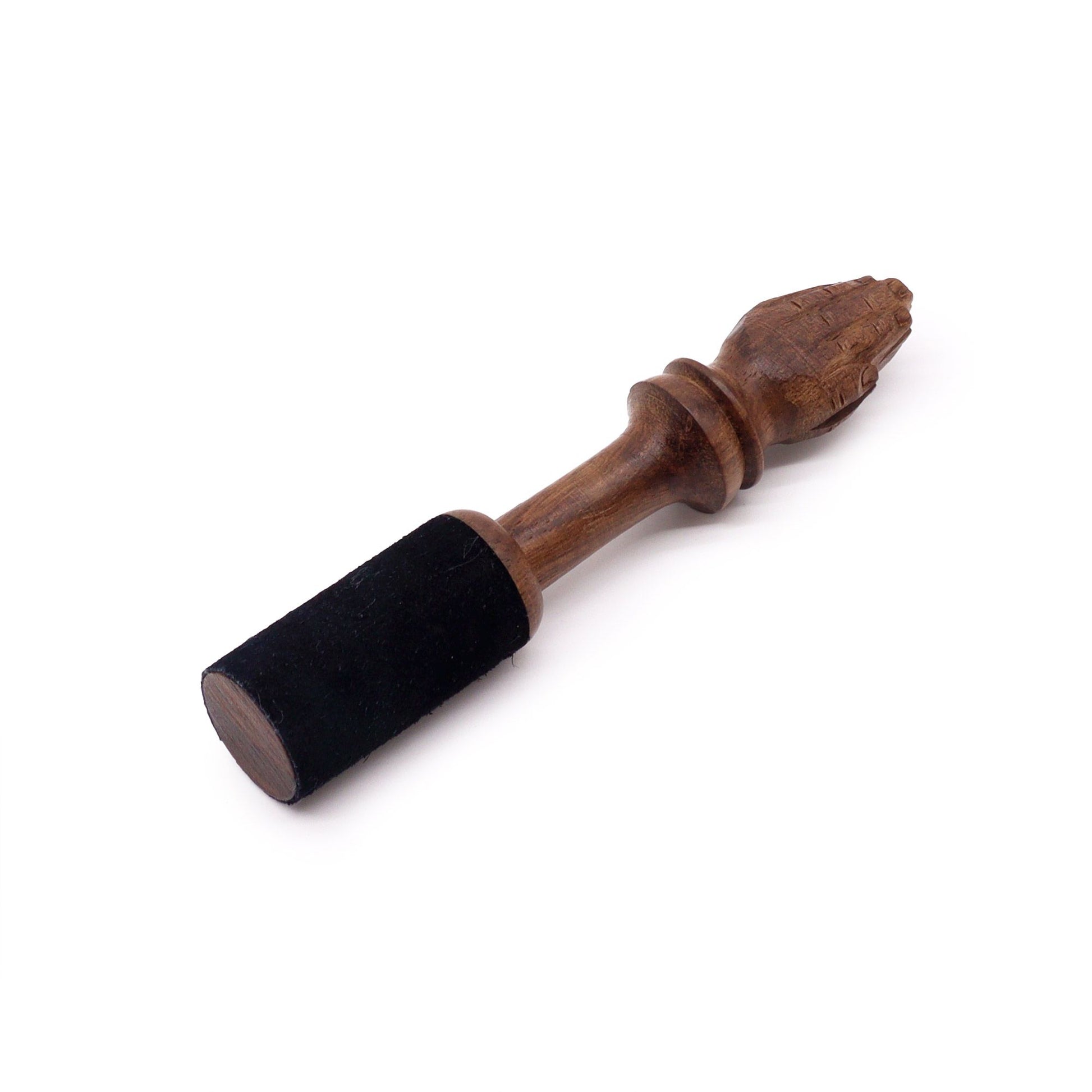 Handcrafted 14cm wooden singing bowl striker featuring a decorative Namaste carving on the handle.