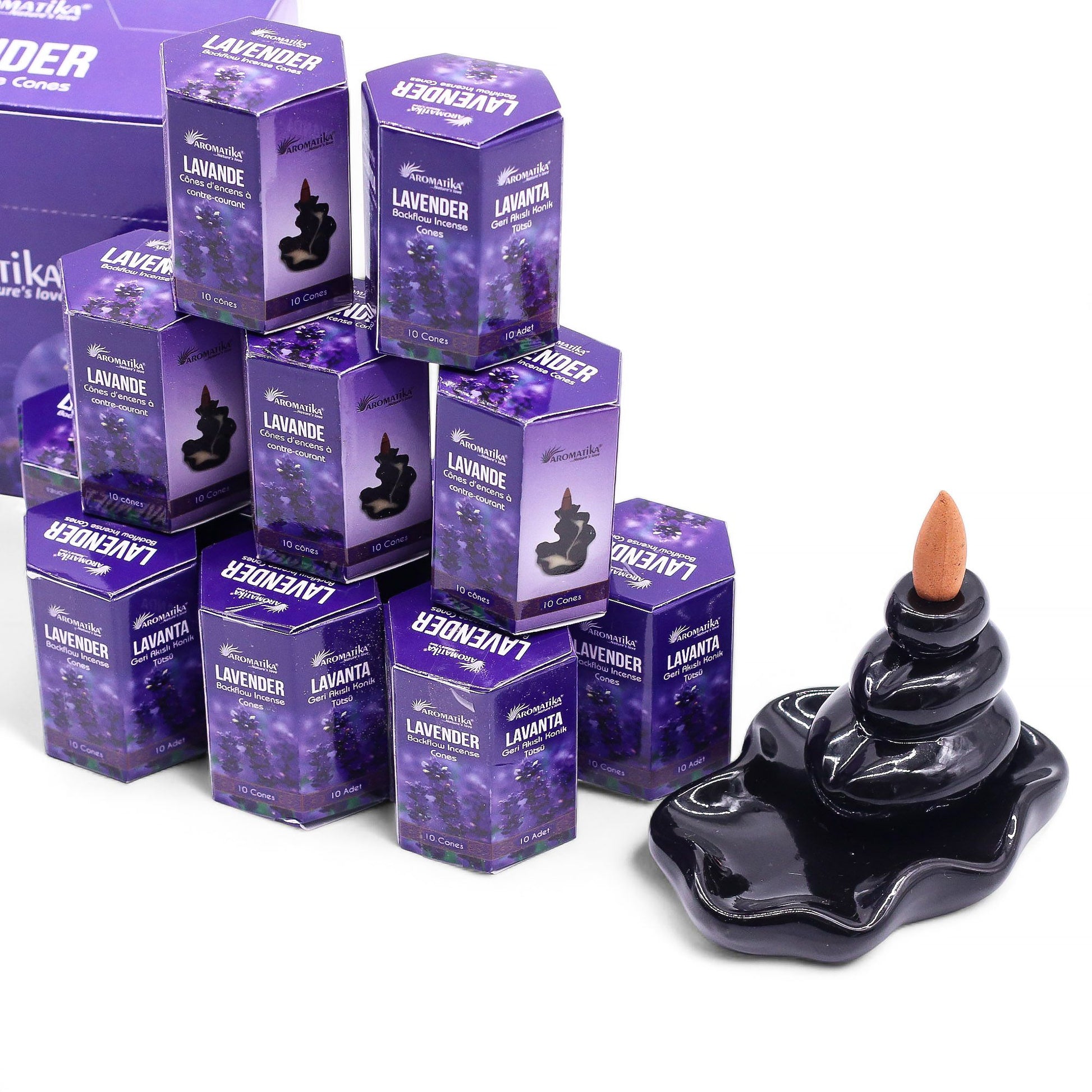 A pack of ten lavender-scented masala backflow incense cones in a decorative hexagonal box.