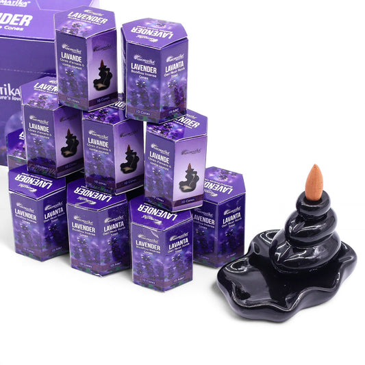 A pack of ten lavender-scented masala backflow incense cones in a decorative hexagonal box.