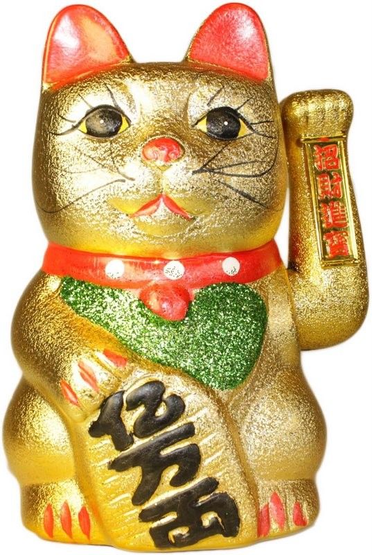 Large traditional gold lucky waving cat with a moving paw and red collar details.
