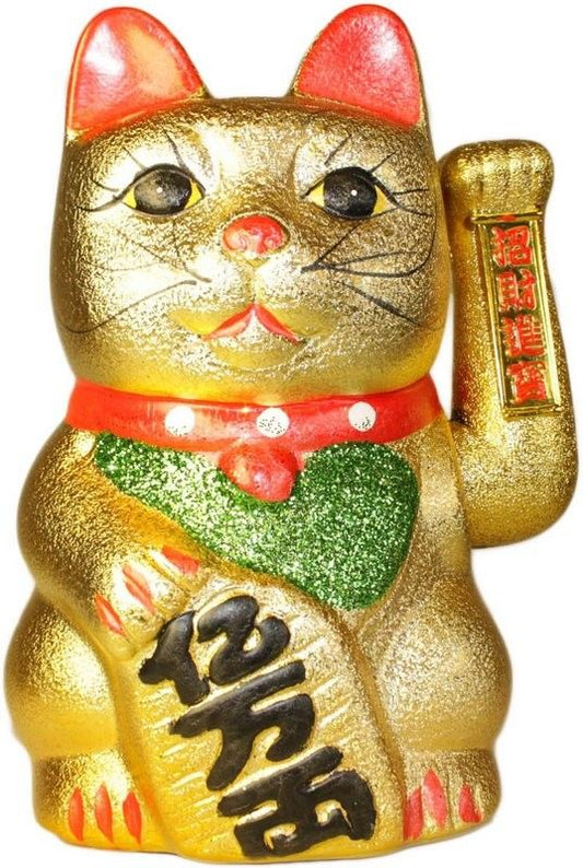 Large traditional gold lucky waving cat with a moving paw and red collar details.