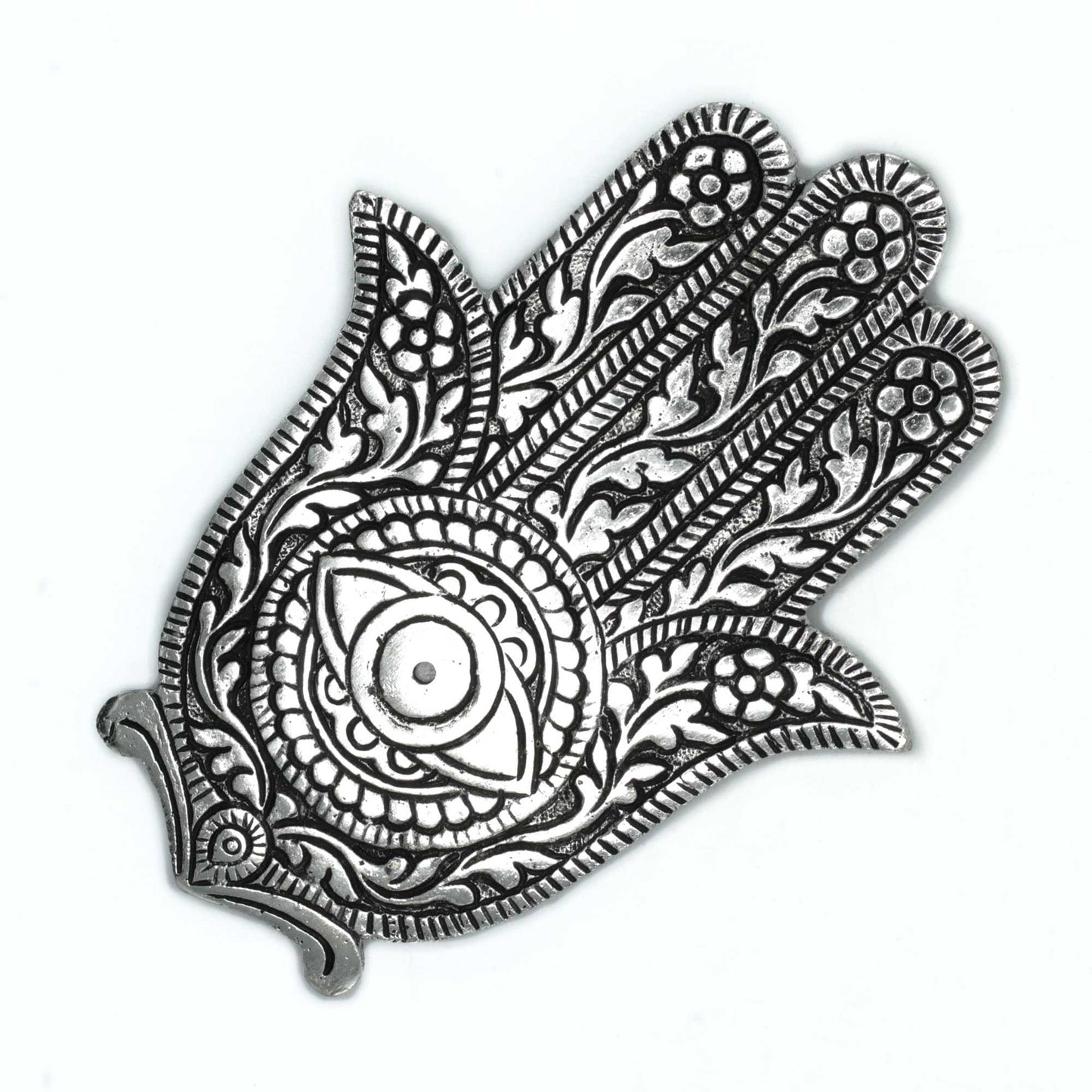 Sleek polished aluminium incense holder shaped like a Hamsa hand, featuring intricate traditional detailing.