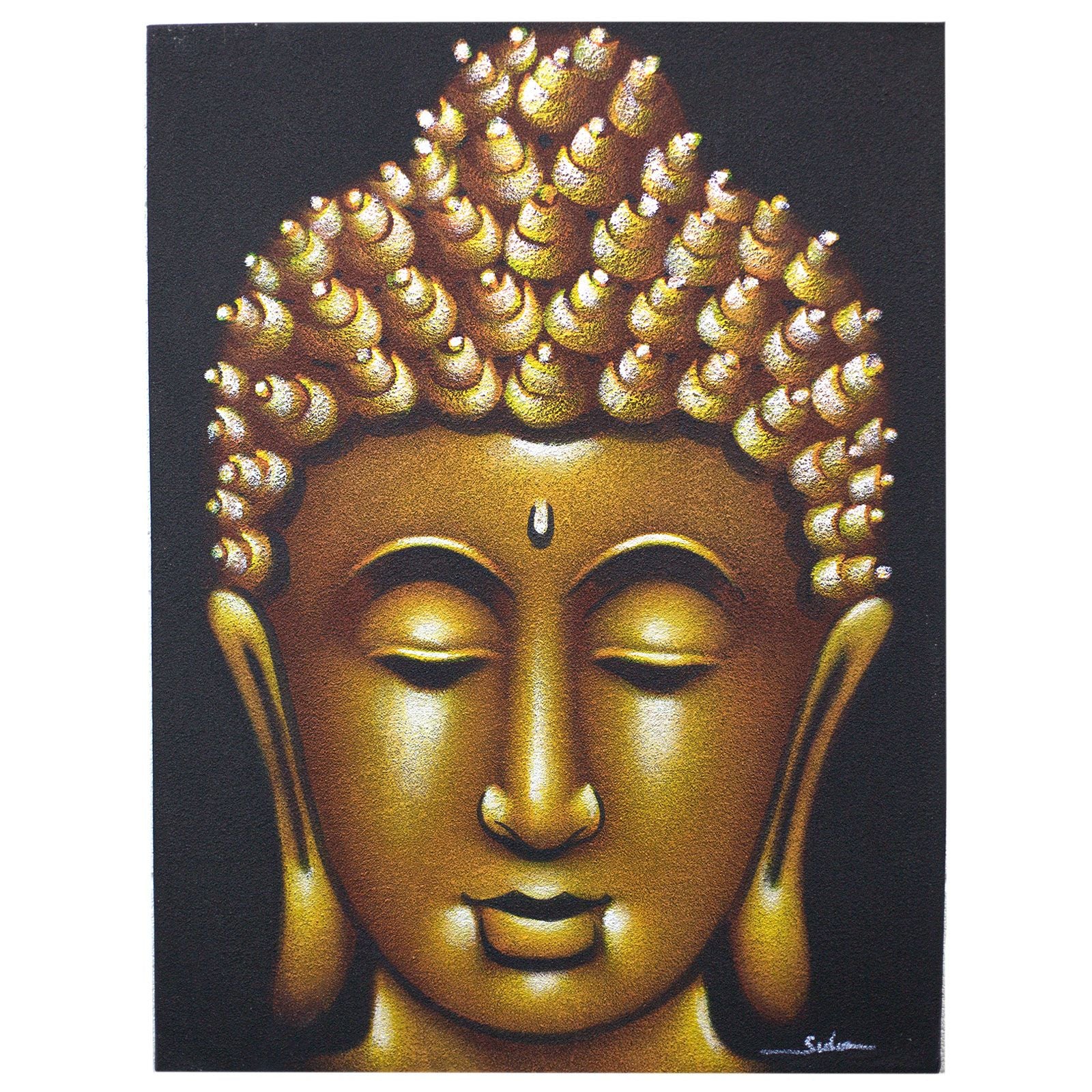 Handmade Buddha painting with a shimmering gold sand finish on a natural wooden frame.
