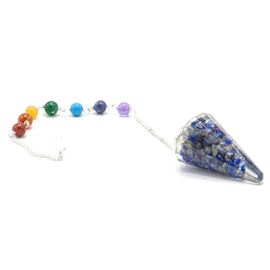 Pointed lapis lazuli and orgonite pendulum with small chakra stones and a silver-tone chain.