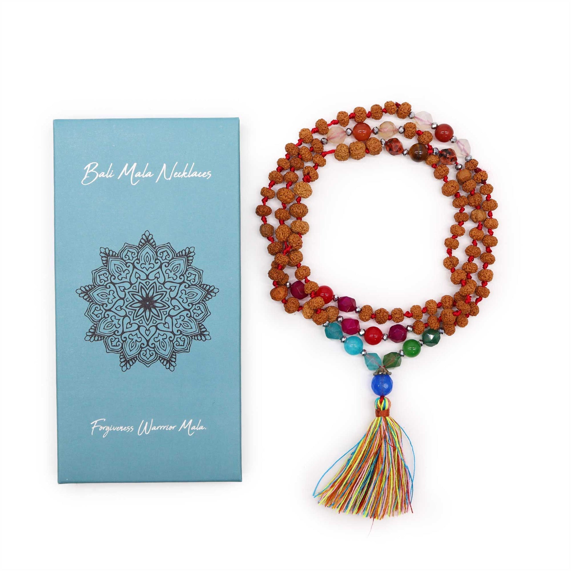 Handcrafted mala necklace with brown Rudraksha beads, a golden Tiger's Eye stone, and a vibrant multi-coloured tassel.