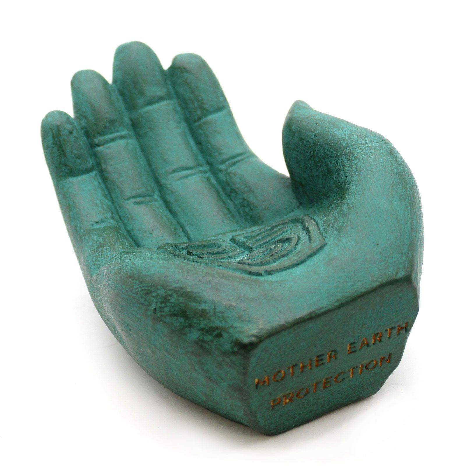Unique green stone incense burner shaped like a hand, designed to hold fragrant incense cones.