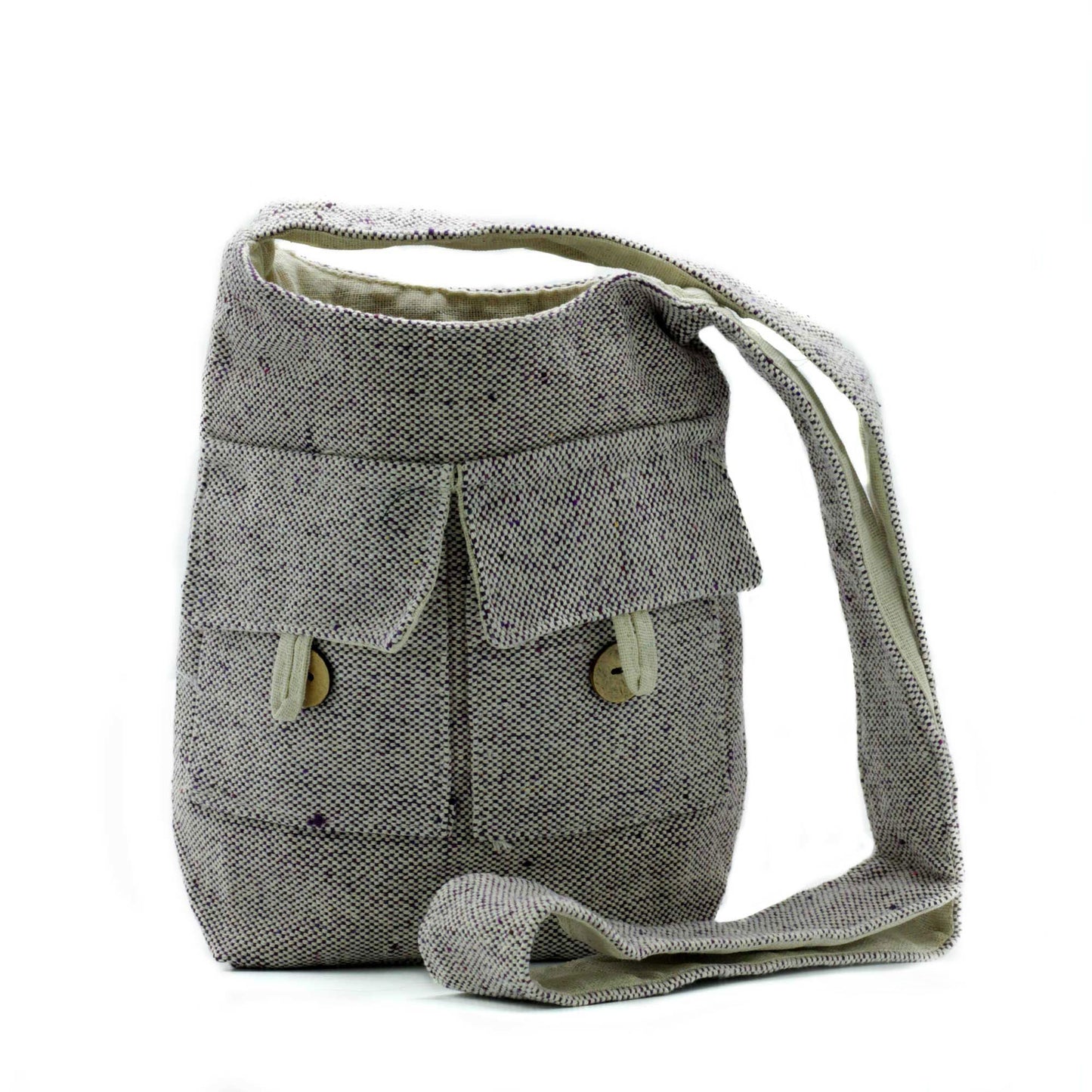 Medium sized soft lavender cotton canvas bag with two front pockets and a minimalist design.
