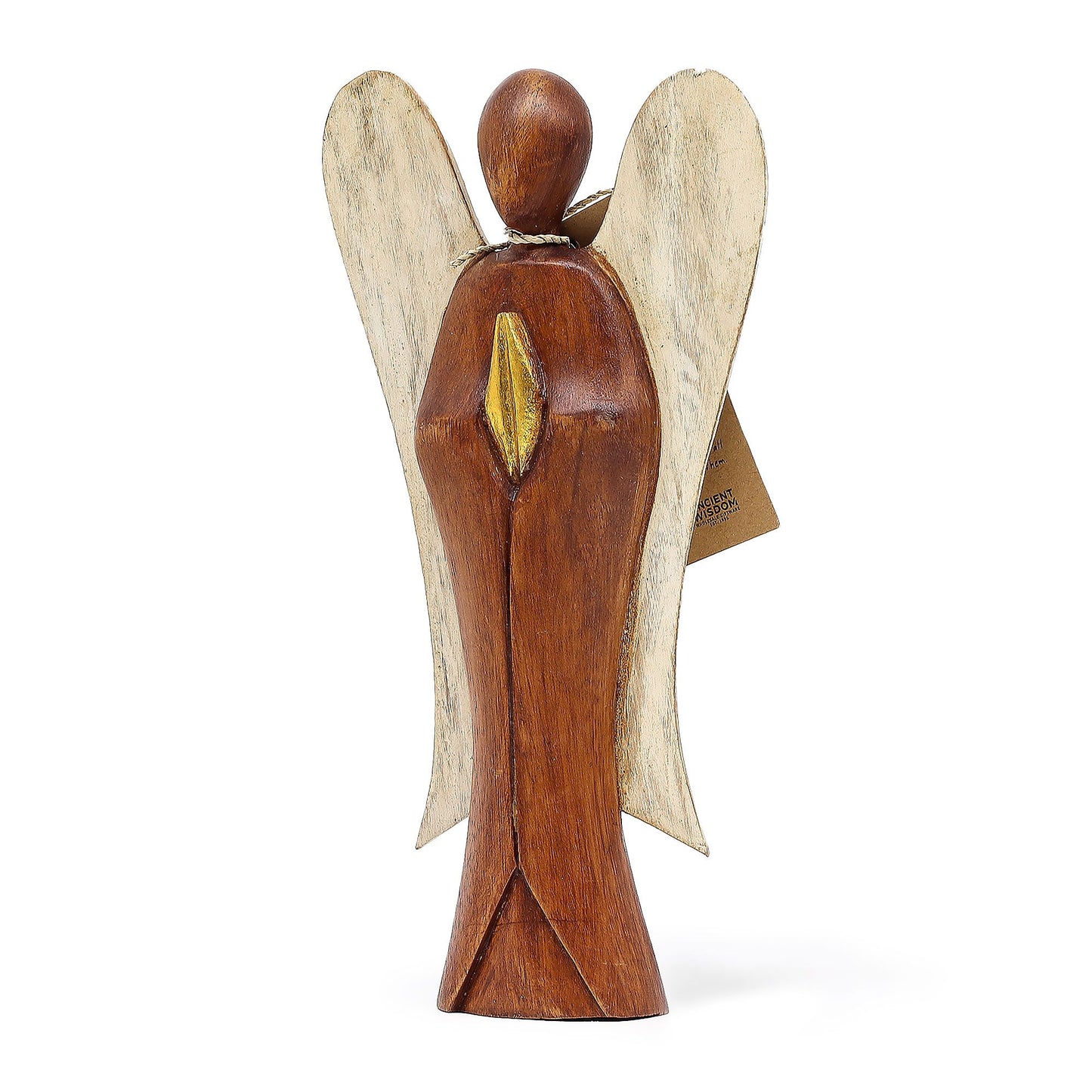 Hand-carved wooden angel figurine with wings and the word Love on its base in a natural wood finish.