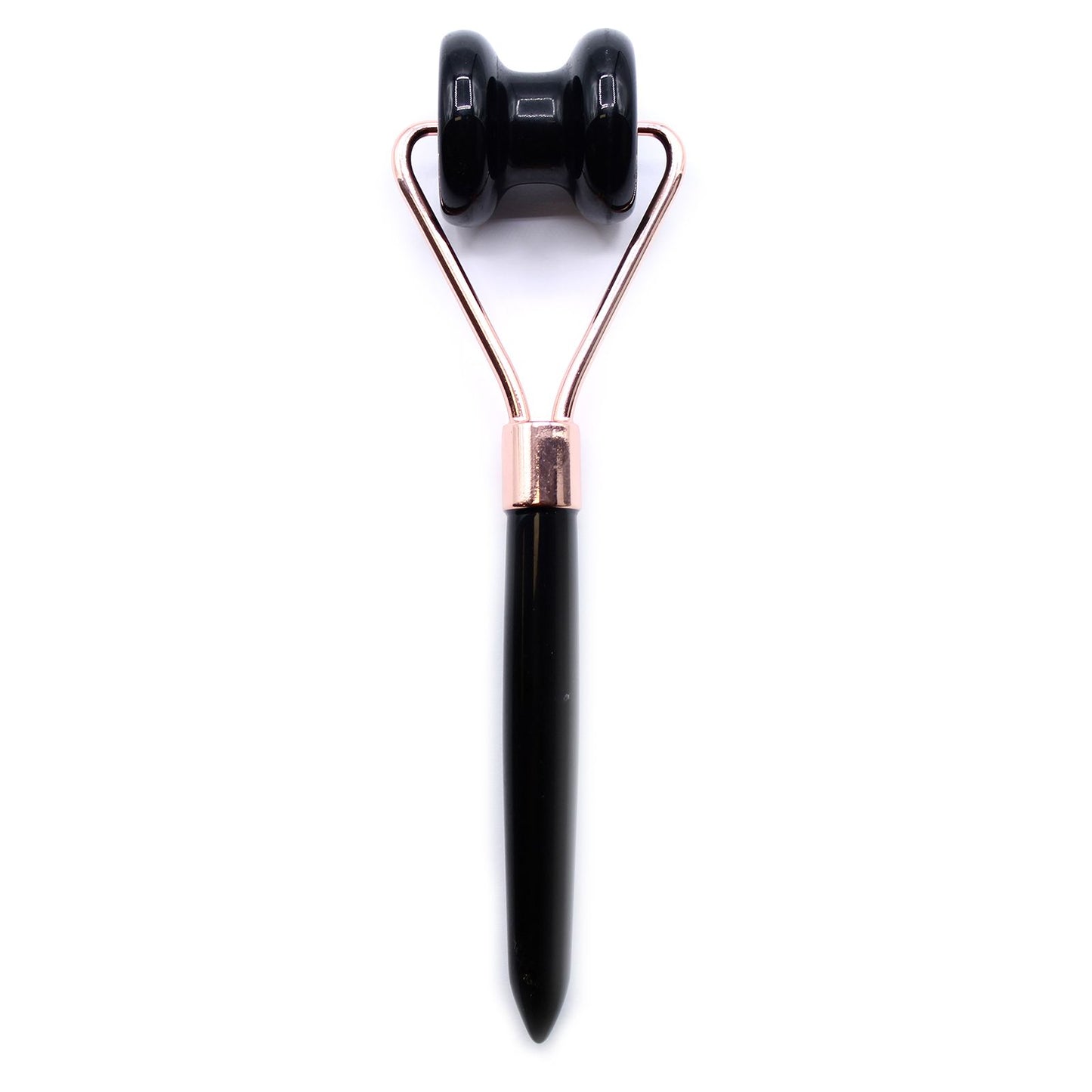 Sleek black obsidian gemstone jawline roller with a smooth finish and sturdy silver-toned metal handle.