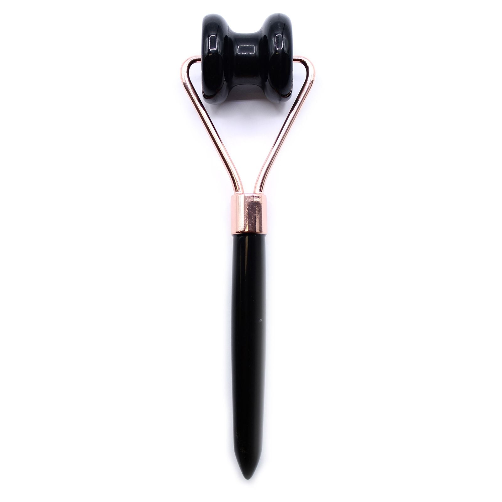 Sleek black obsidian gemstone jawline roller with a smooth finish and sturdy silver-toned metal handle.