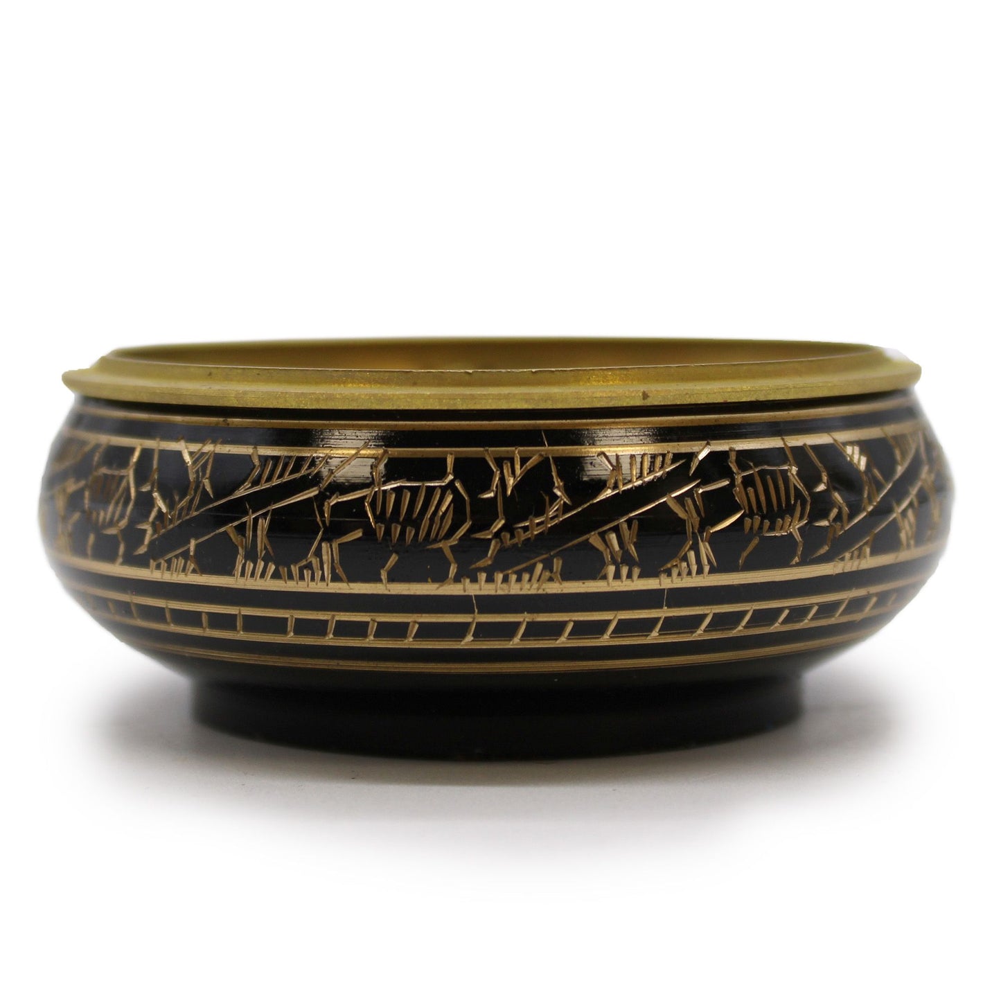 Small ornate brass incense jar with intricate carved patterns and a removable mesh lid for burning resins.