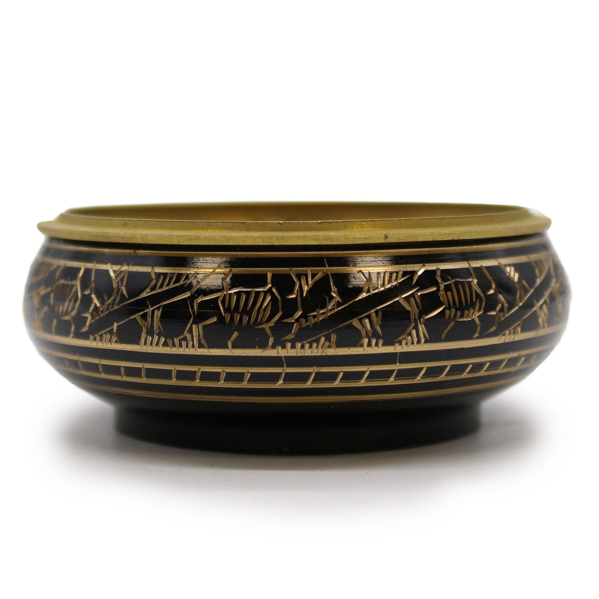 Small ornate brass incense jar with intricate carved patterns and a removable mesh lid for burning resins.