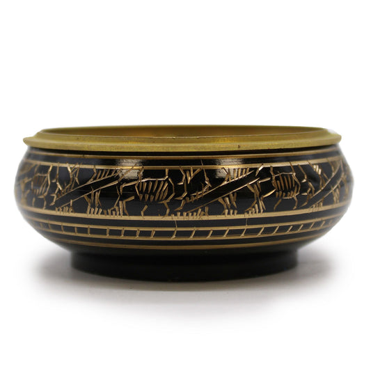 Small ornate brass incense jar with intricate carved patterns and a removable mesh lid for burning resins.