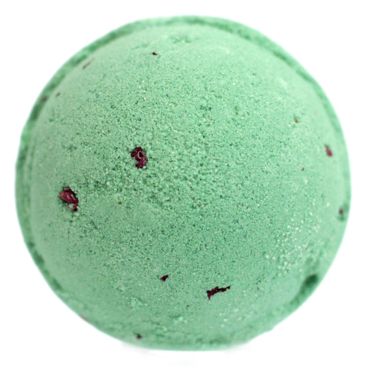 Large round pink bath bomb topped with delicate dried rose buds on a plain background.