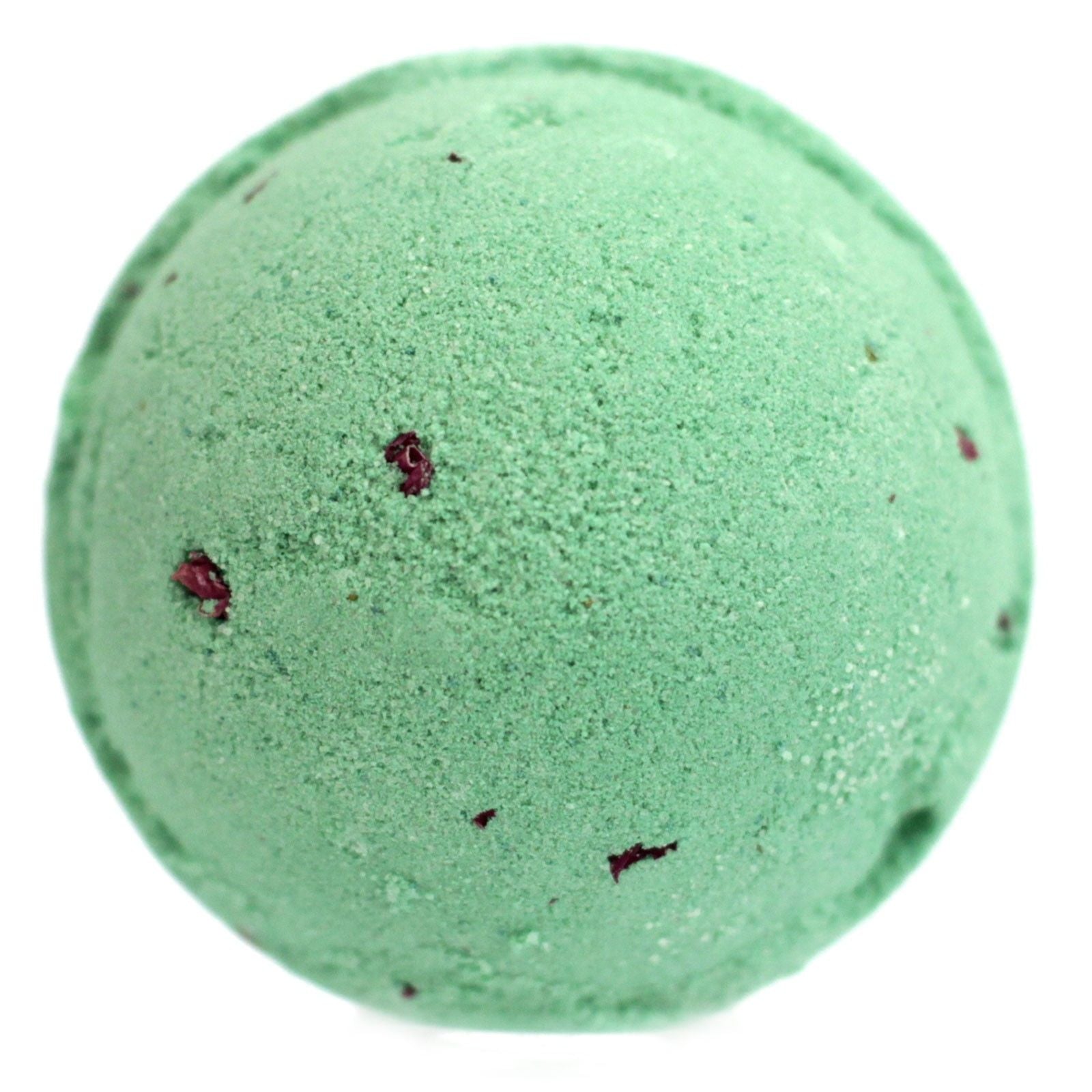 Large round pink bath bomb topped with delicate dried rose buds on a plain background.