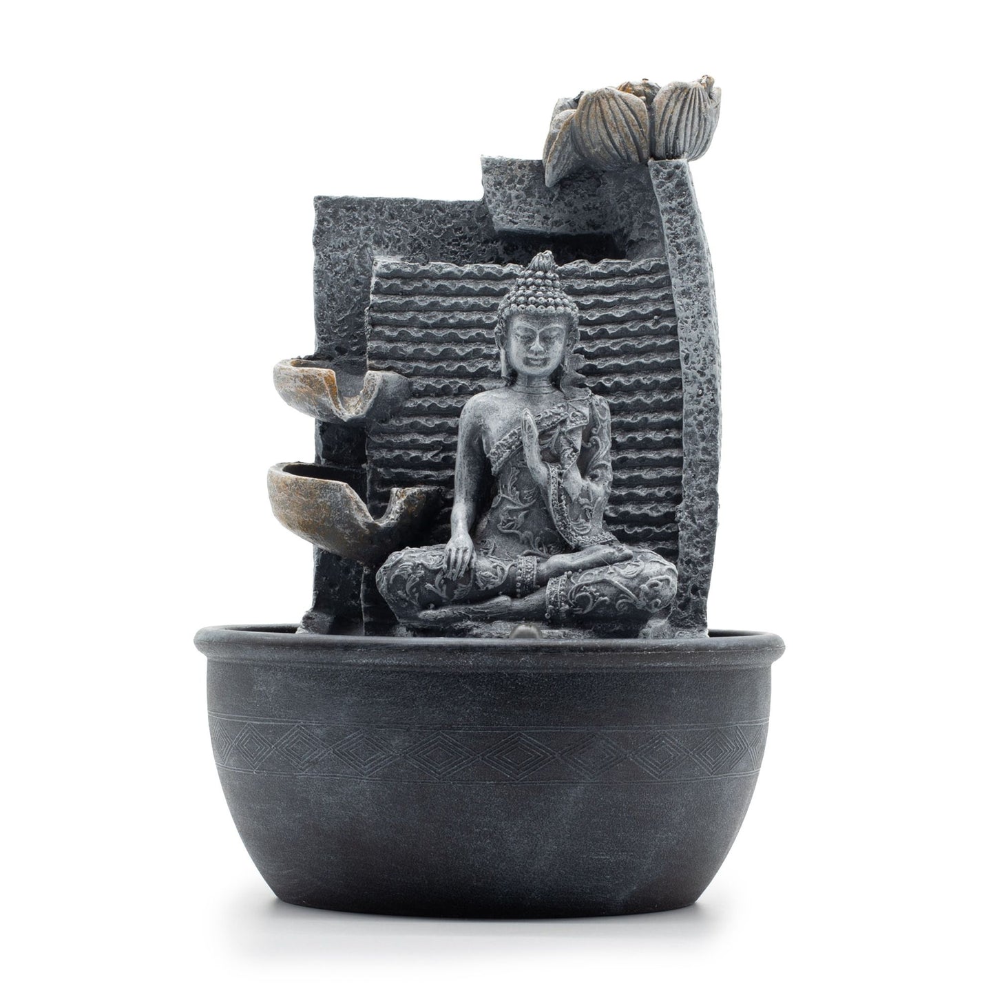 Tabletop indoor fountain featuring a seated Buddha figure with water cascading through lotus-shaped bowls.