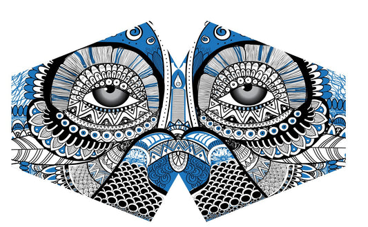 Adult fabric face mask featuring a vibrant mystical owl design on a dark background.