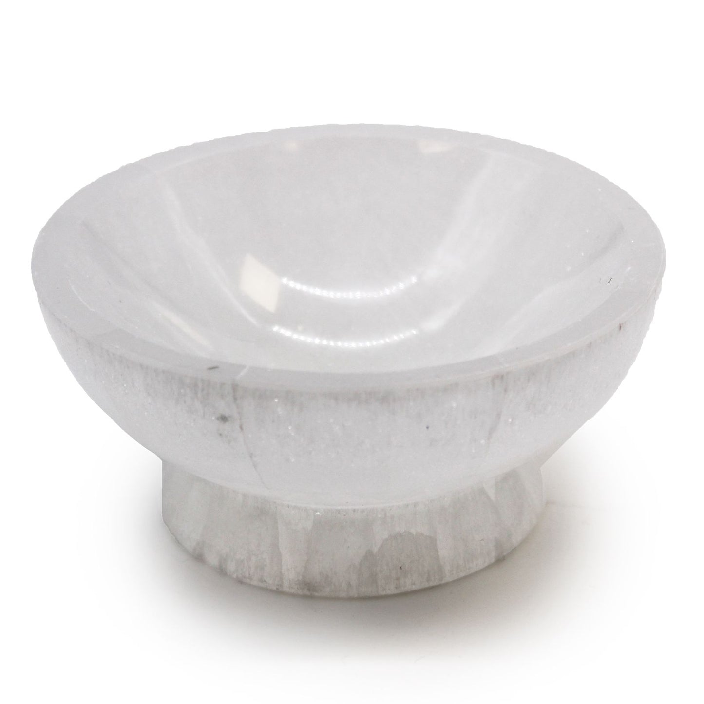 A 10cm semi-translucent white selenite ritual bowl with a smooth polished finish and natural crystalline texture.