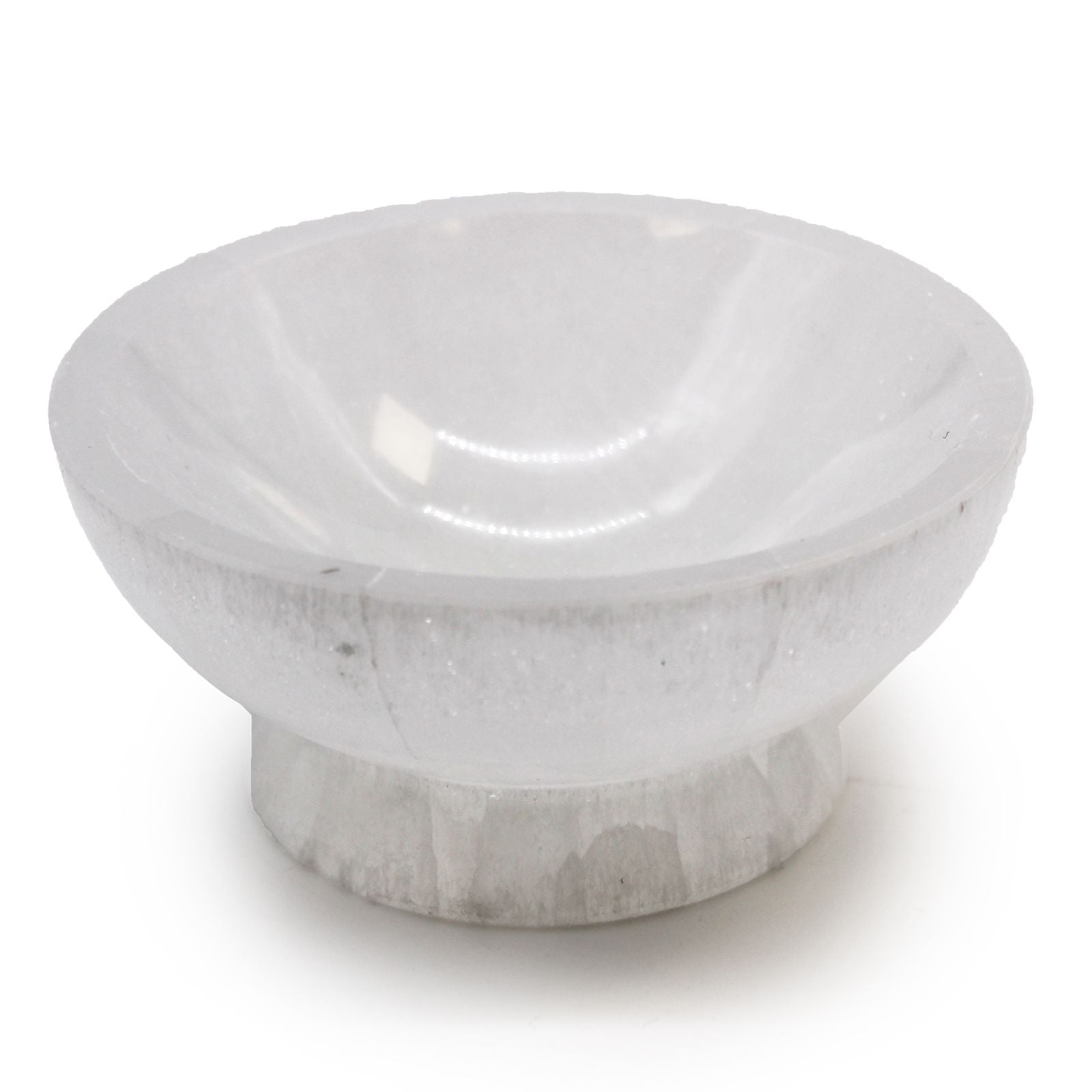 A 10cm semi-translucent white selenite ritual bowl with a smooth polished finish and natural crystalline texture.