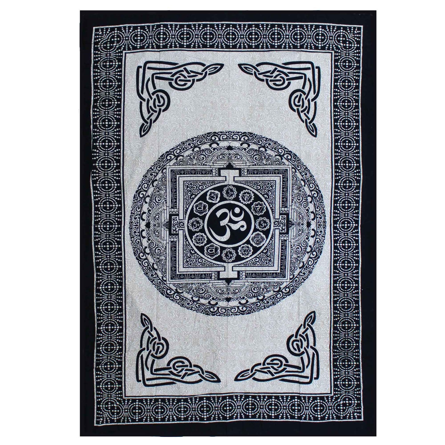 Black and white single cotton bedspread featuring a detailed OM Mandala design used as a decorative wall hanging.
