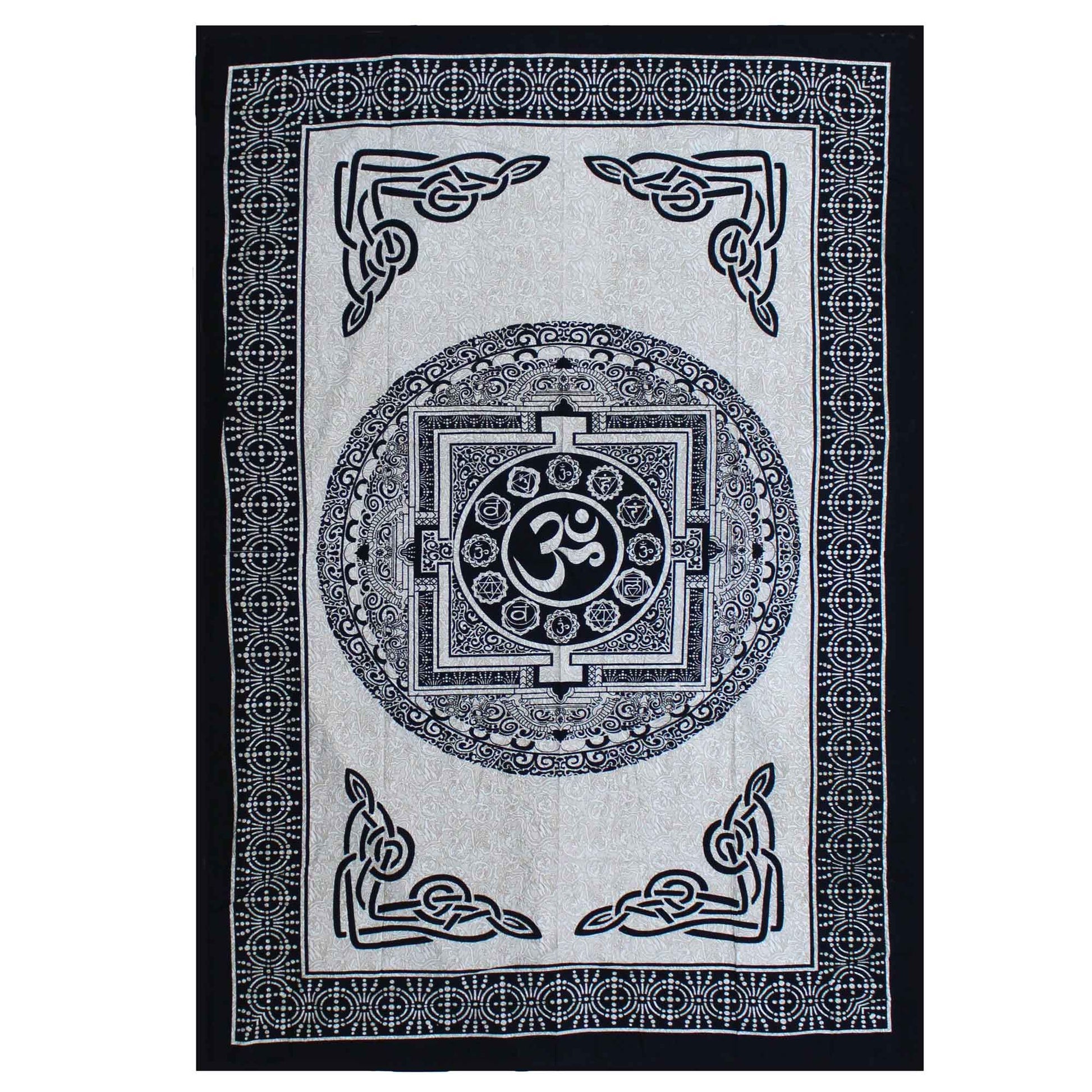 Black and white single cotton bedspread featuring a detailed OM Mandala design used as a decorative wall hanging.