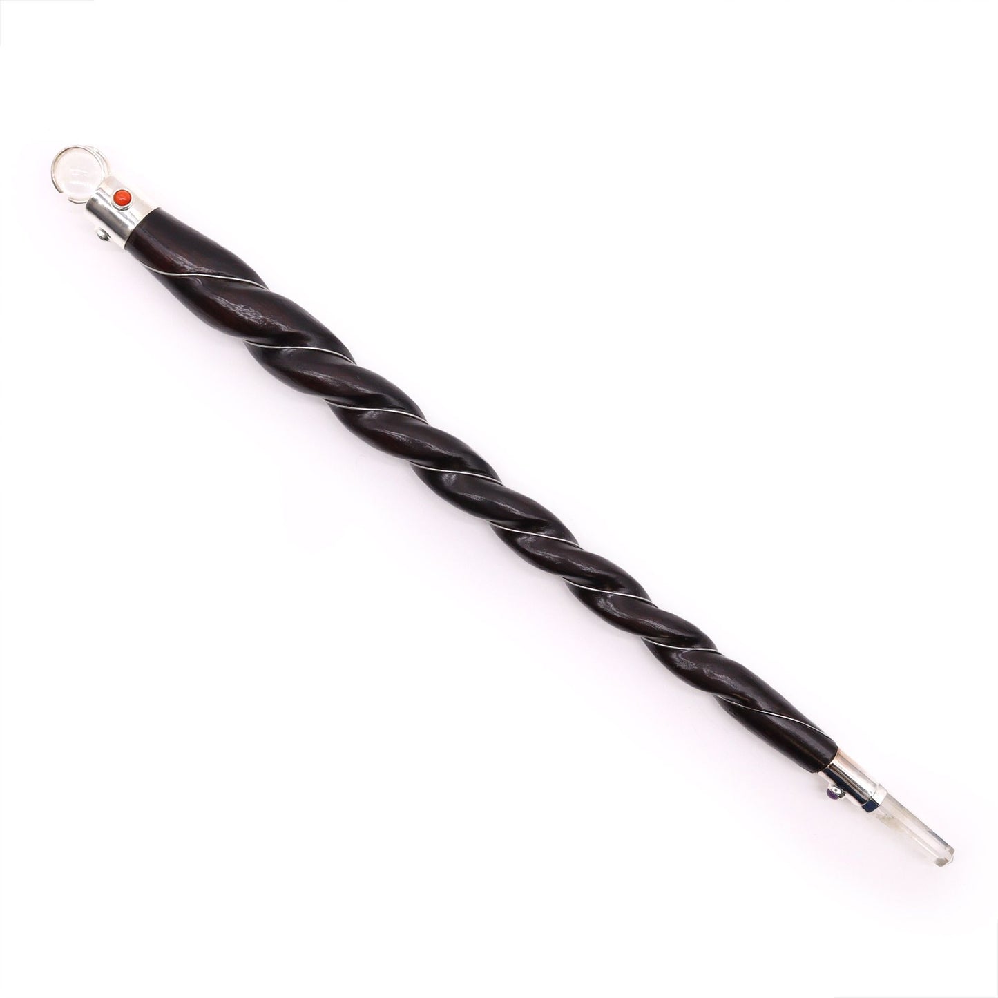 Impressive extra-large wand featuring a natural twisted wood handle topped with a clear rock quartz crystal point.