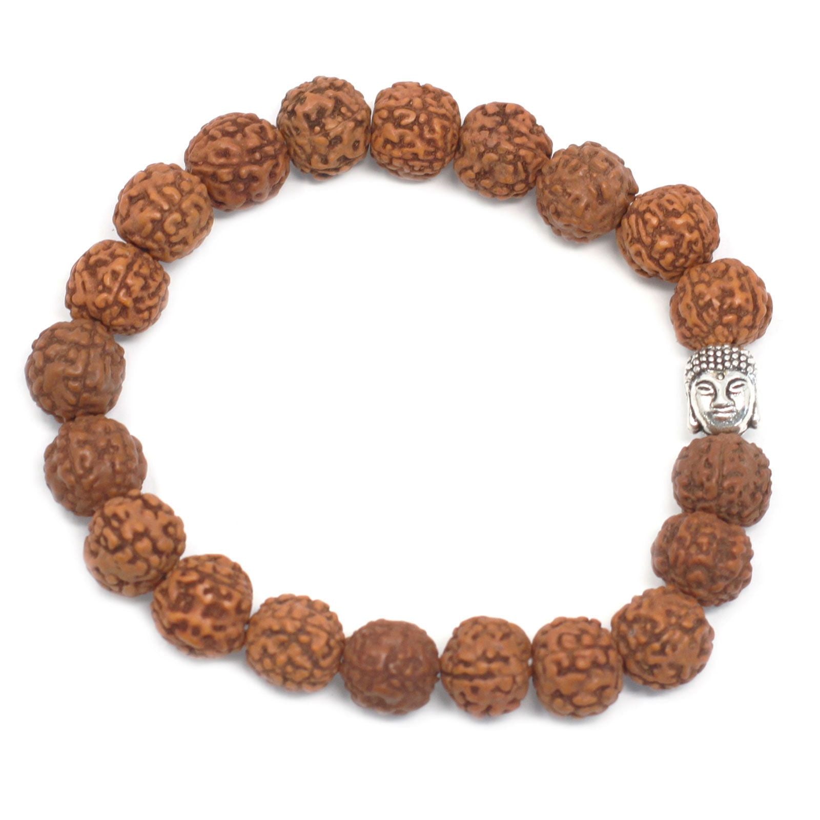 Handcrafted brown Rudraksha bead bangle with a small Buddha head charm on a flexible cord.
