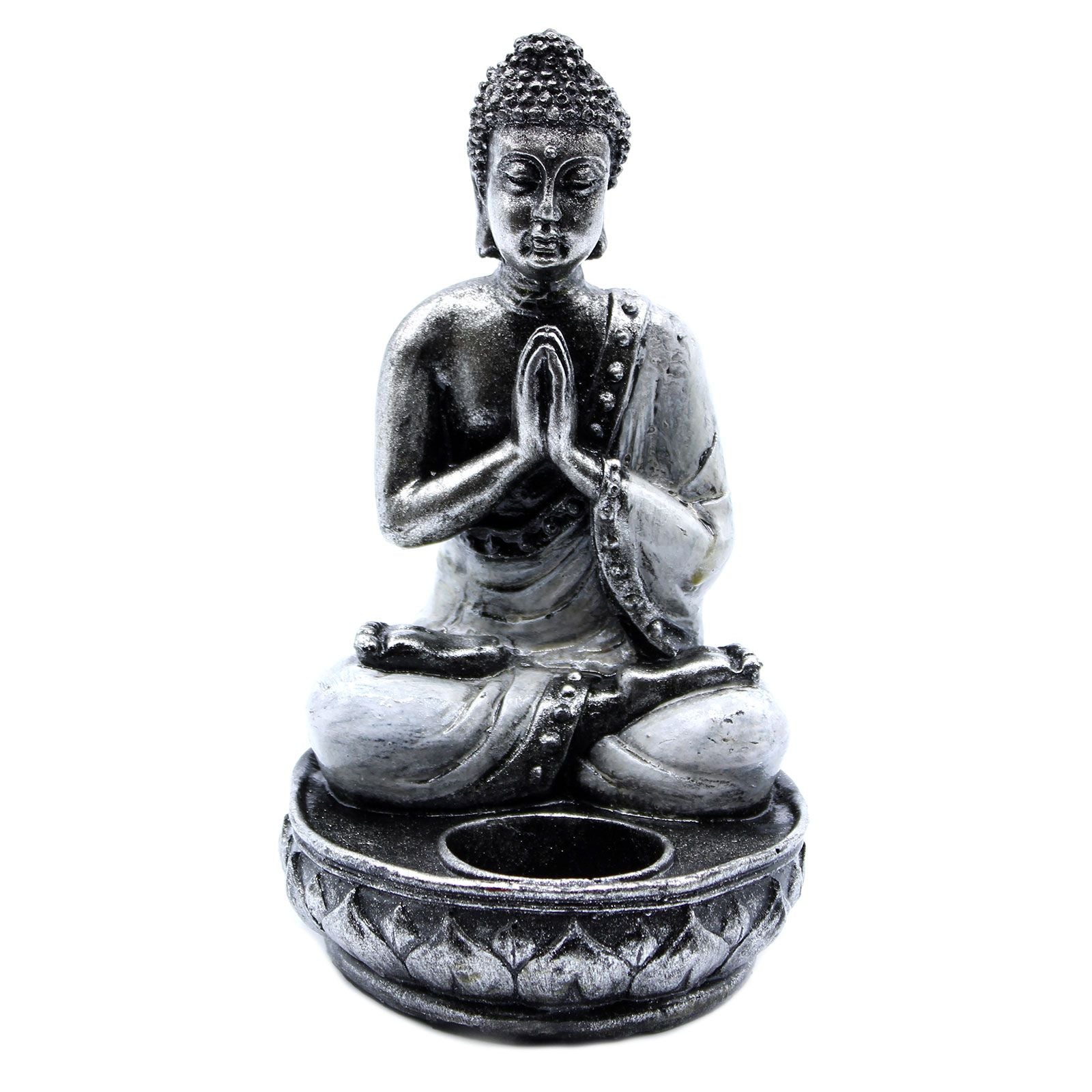Elegant white medium resin Buddha candle holder in Namaskara Mudra prayer gesture, hand-painted with intricate details.