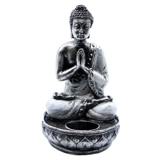 Elegant white medium resin Buddha candle holder in Namaskara Mudra prayer gesture, hand-painted with intricate details.