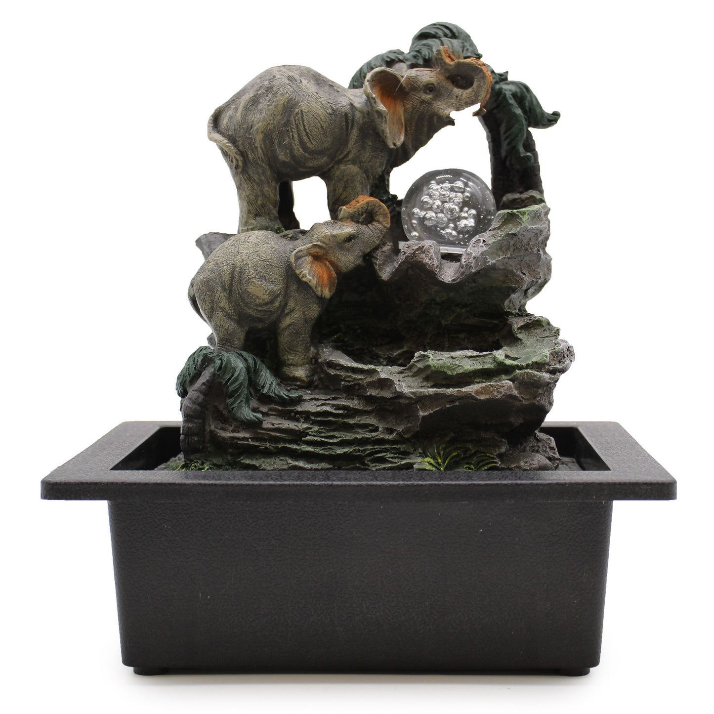 Detailed tabletop water feature depicting a family of elephants surrounding a central water flow in a grey stone effect.