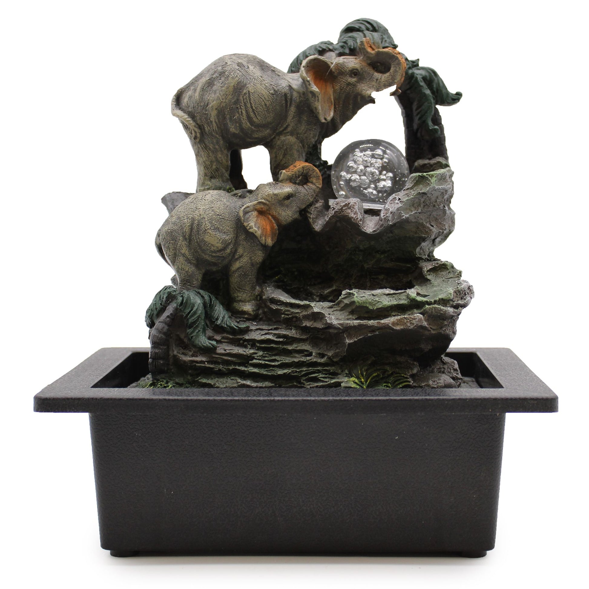 Detailed tabletop water feature depicting a family of elephants surrounding a central water flow in a grey stone effect.