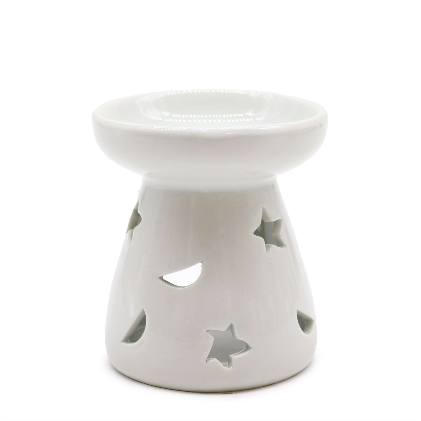 Elegant white ceramic oil burner featuring decorative moon and star cut-outs for a soft glowing light effect.