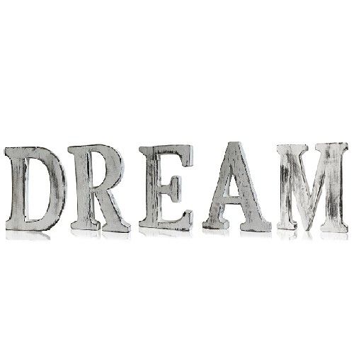 Five individual hand-carved white-wash mango wood letters spelling the word DREAM in a shabby chic style.