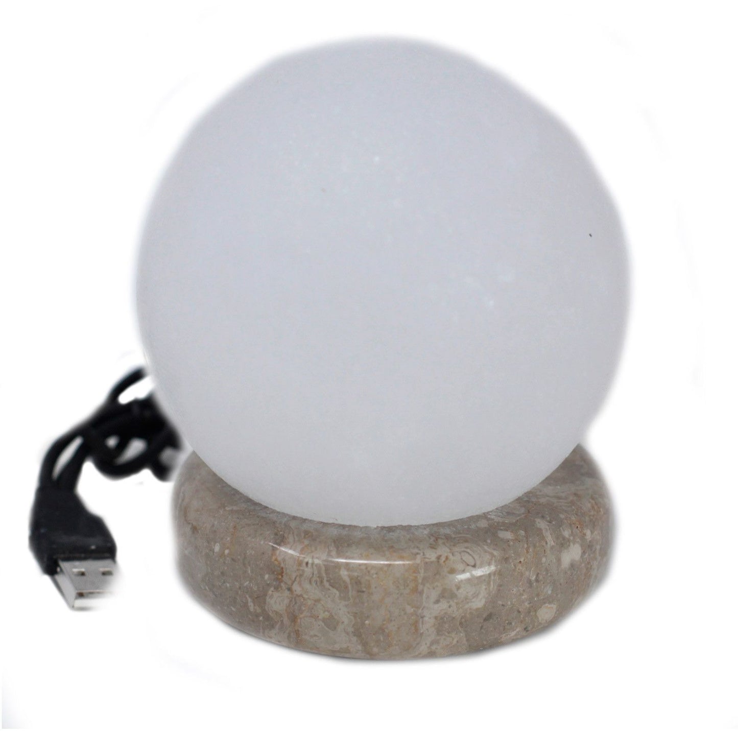 A small spherical white Himalayan salt lamp on a wooden base glowing with a soft multicolour LED light.