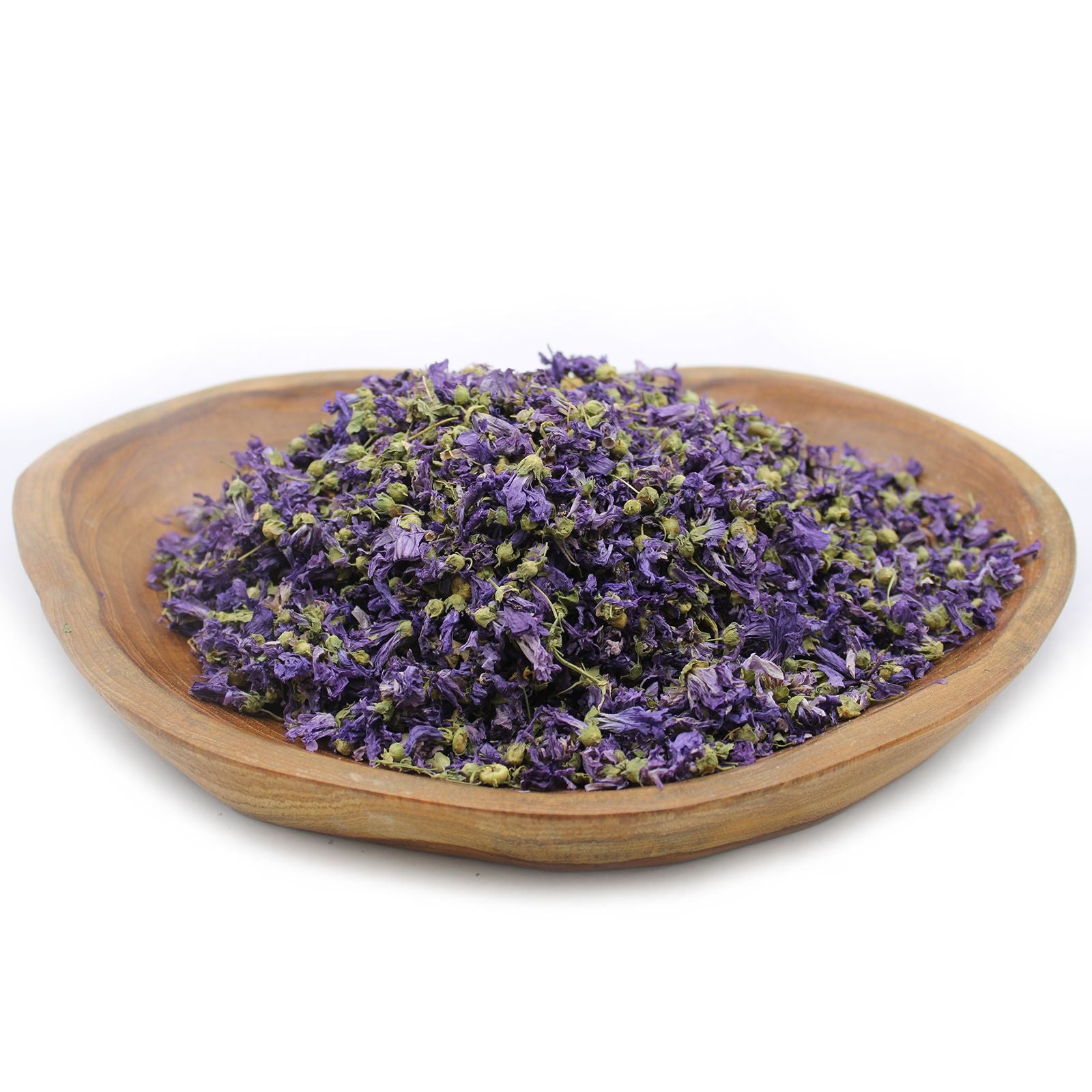 Large bag of vibrant, whole dried blue mallow flowers showcasing their natural deep indigo and violet hues.