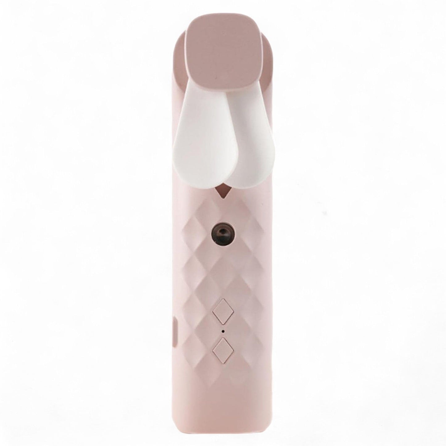 Compact pink handheld nano mist face fan and spray device with a sleek modern design.