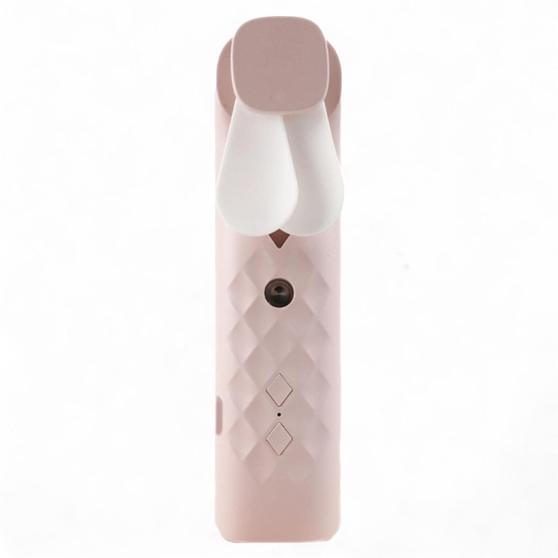 Compact pink handheld nano mist face fan and spray device with a sleek modern design.