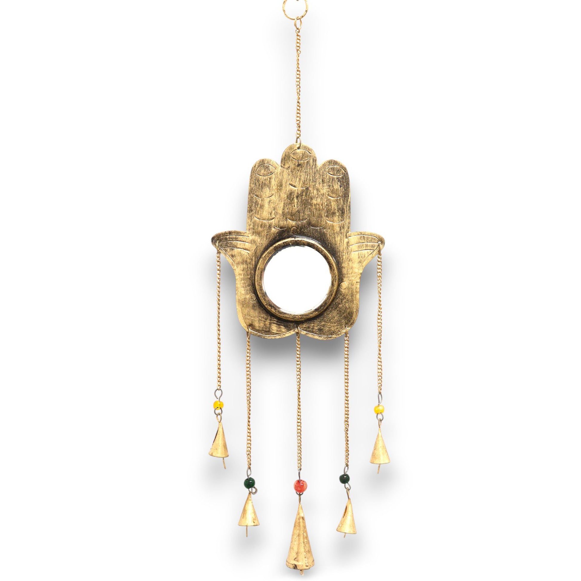 Large Hamsa hand wind chime with a central mirror, colourful beads, and five dangling brass bells.