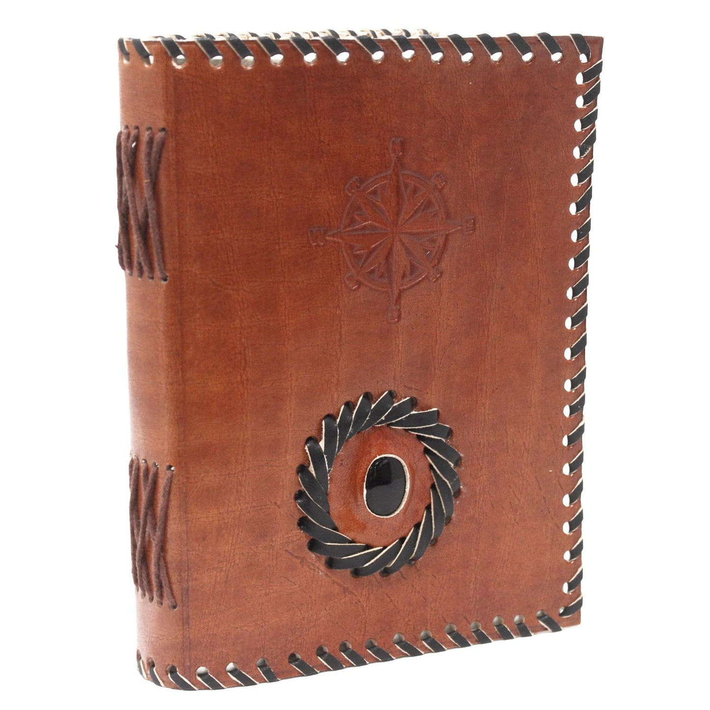 Handcrafted vintage-style black leather journal featuring an inlaid black onyx stone and an embossed compass design.