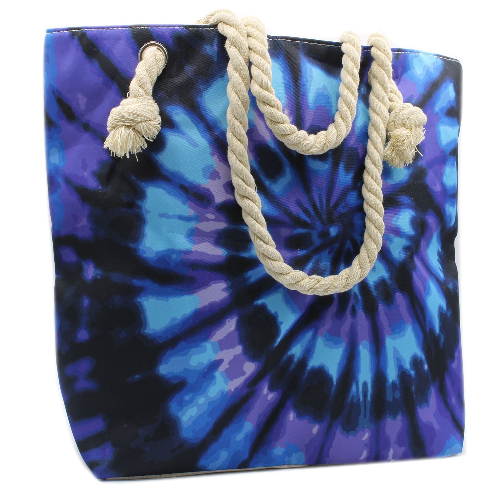Large tote bag featuring a vibrant psychedelic blue and white colour splash print with sturdy shoulder straps.