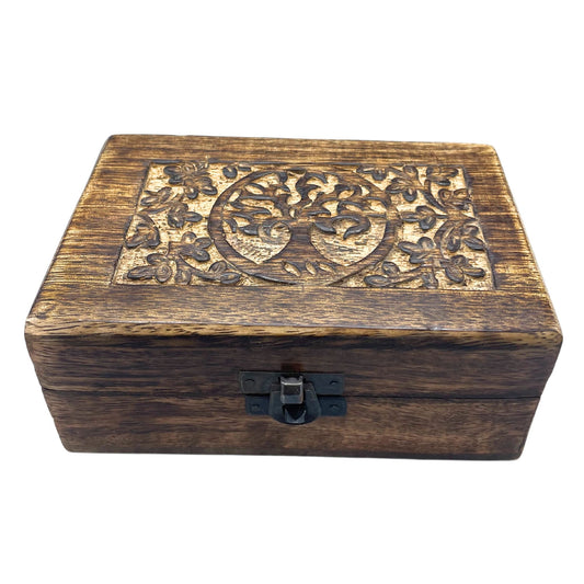Hand-carved medium wooden keepsake box featuring a detailed Tree of Life design on the lid.