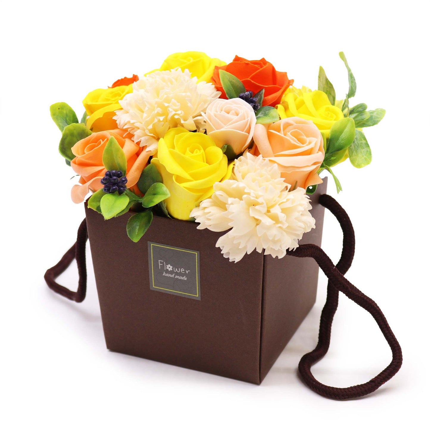 Beautifully crafted soap flower bouquet featuring realistic spring blooms in a decorative gift box.