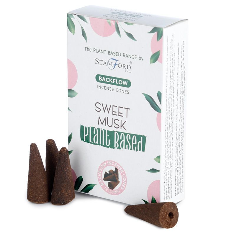 Box of dark brown backflow incense cones with a smooth, tapered shape on a neutral background.
