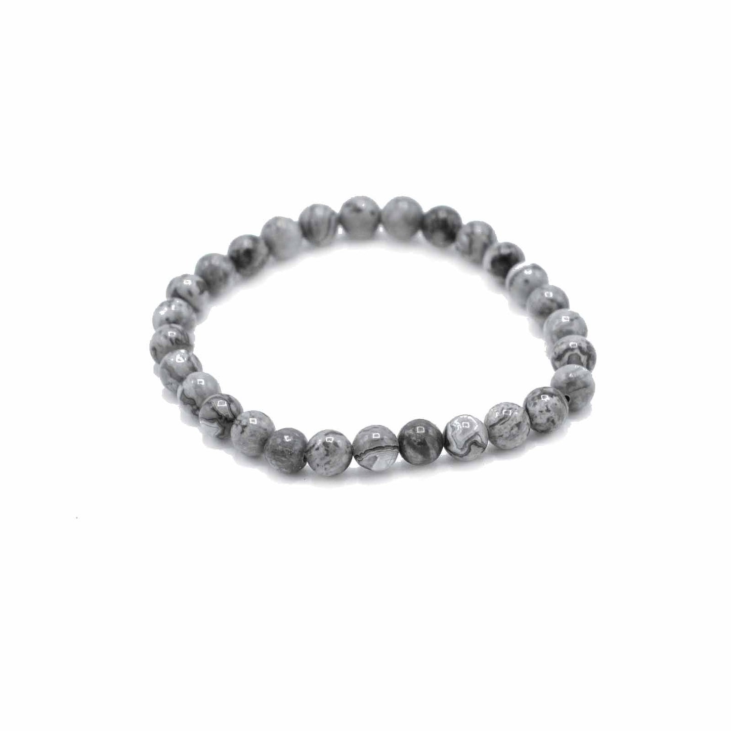 Close-up of a beaded gemstone bracelet featuring grey and black marbled Map Stone beads on an elastic cord.