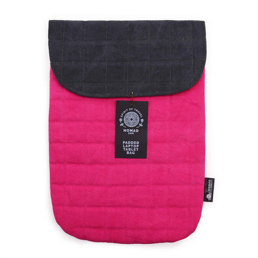 Vibrant shocking pink 14oz stonewashed cotton laptop pouch with a secure charcoal magnetic flap closure.