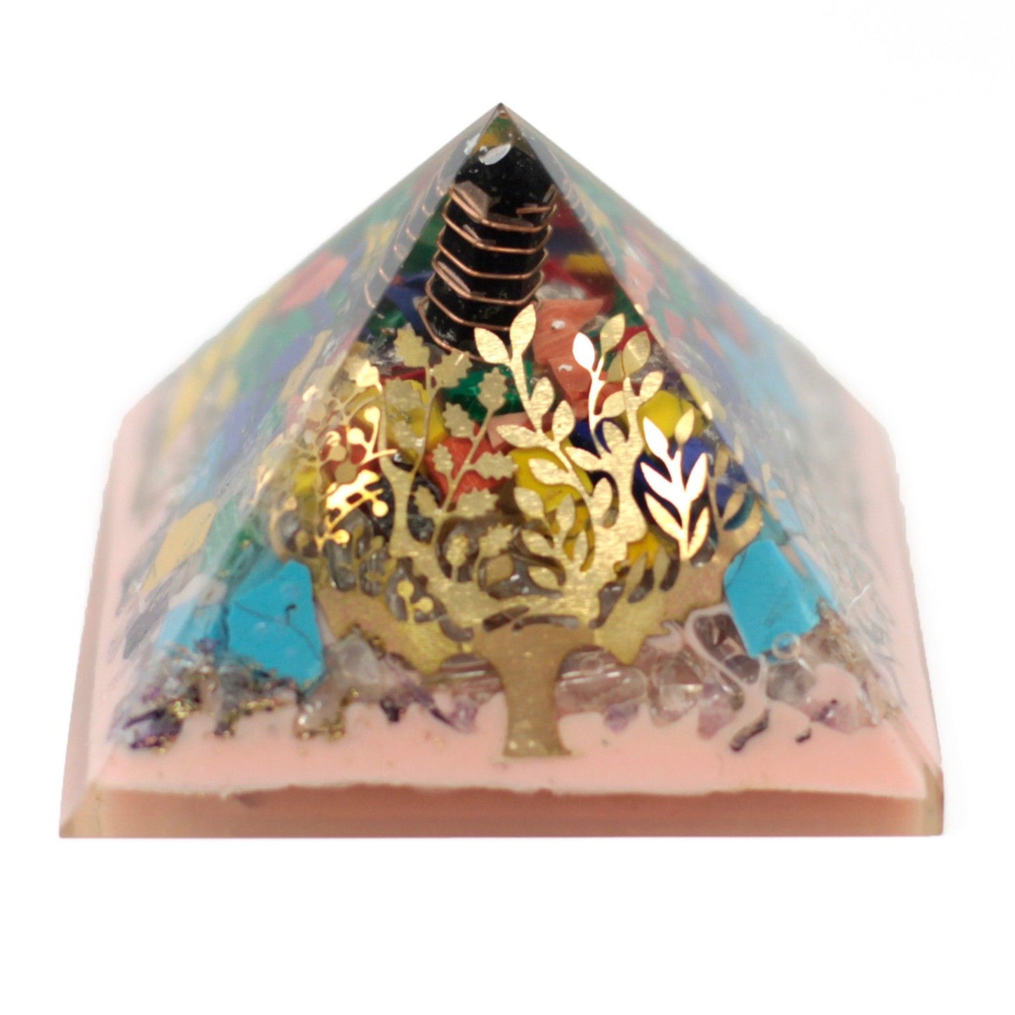 Large 70mm orgonite pyramid featuring an intricate tree design with an earth base and embedded esoteric objects.