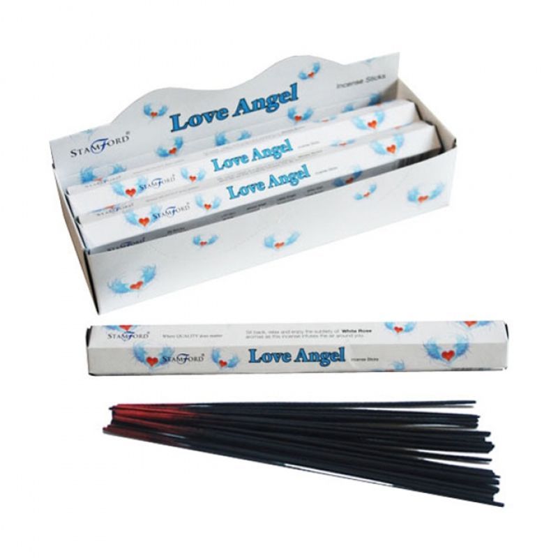 Hexagonal box and several hand-rolled incense sticks with a floral angel design on the packaging.