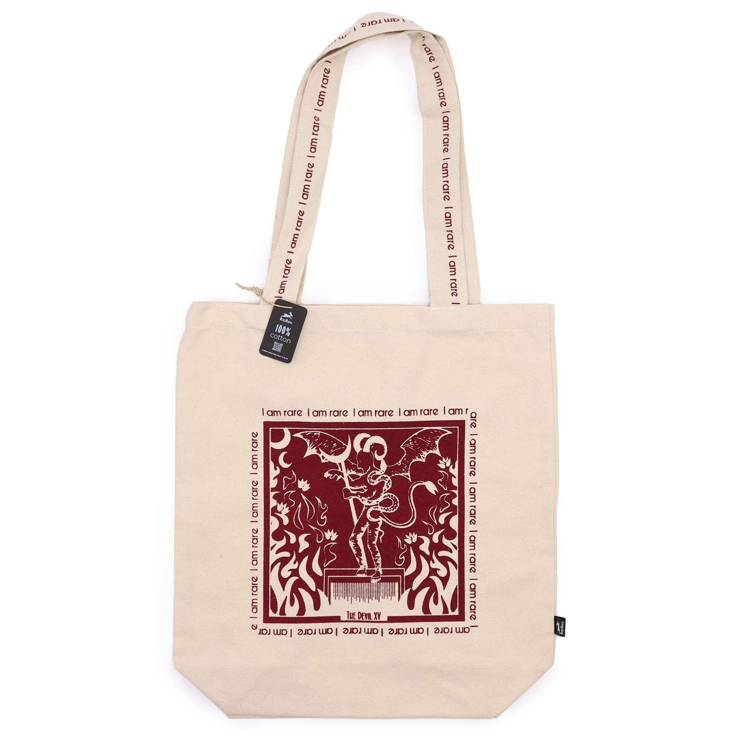 Black cotton tote bag featuring a white tarot card design of The Devil with the empowering text I Am Rare.