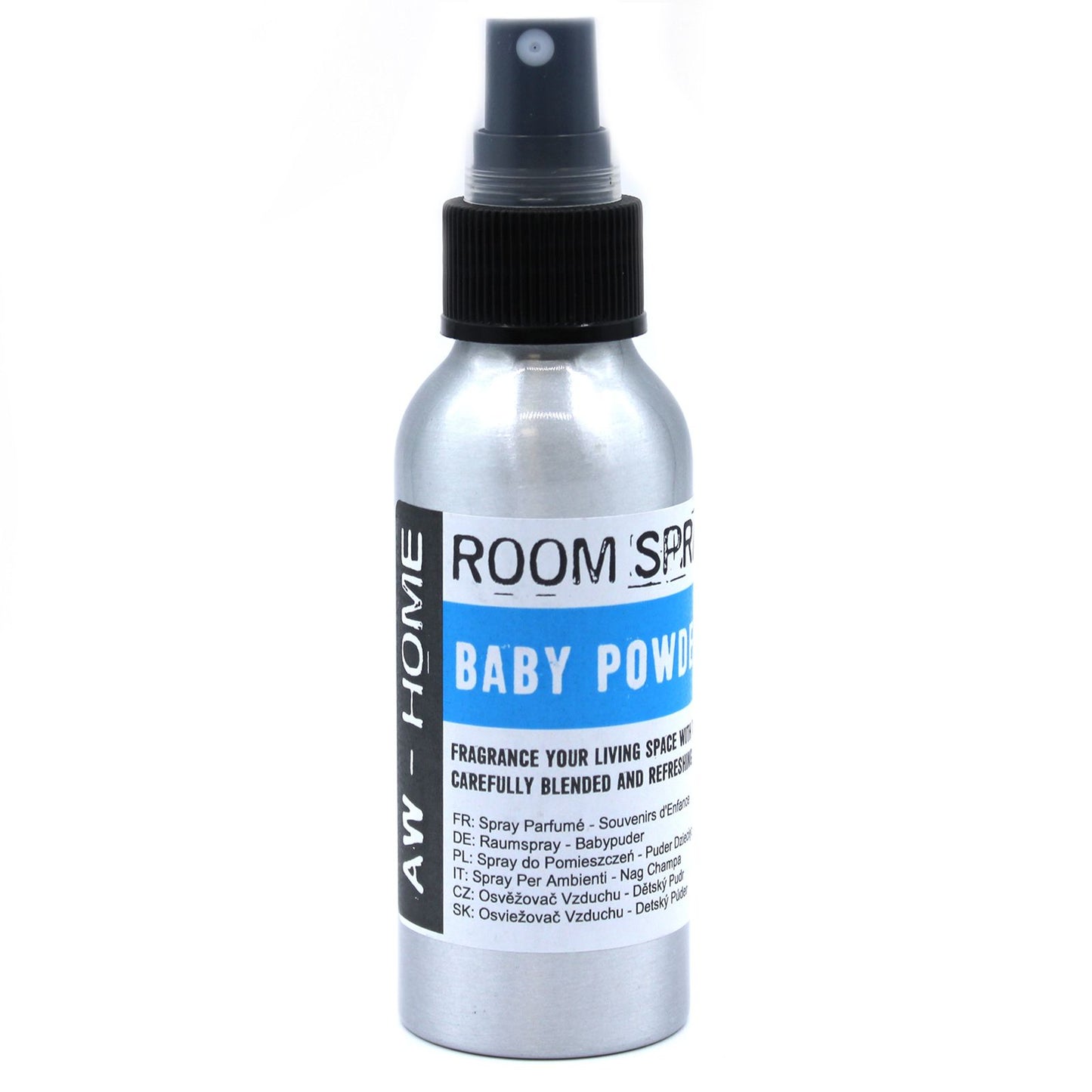 A clear 100ml glass bottle of room spray with a simple label and silver pump spray nozzle.